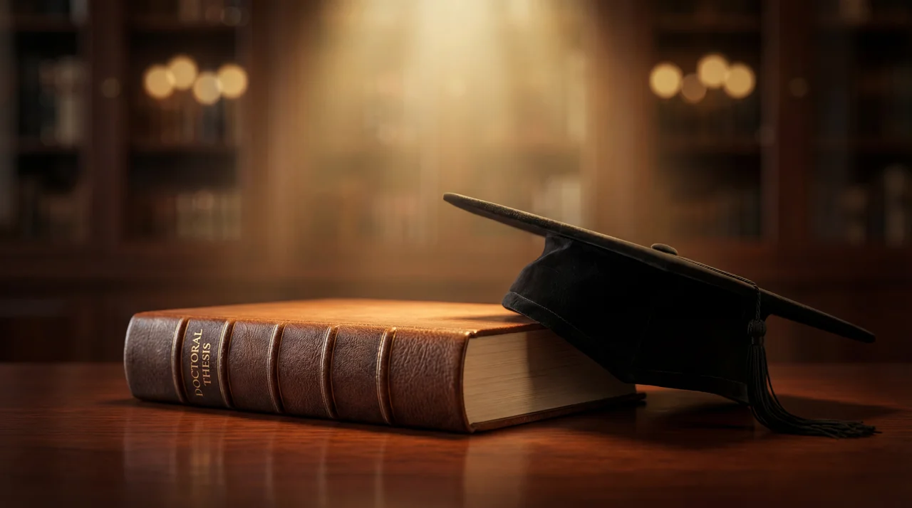 Libro de tesis doctoral con birrete de graduación